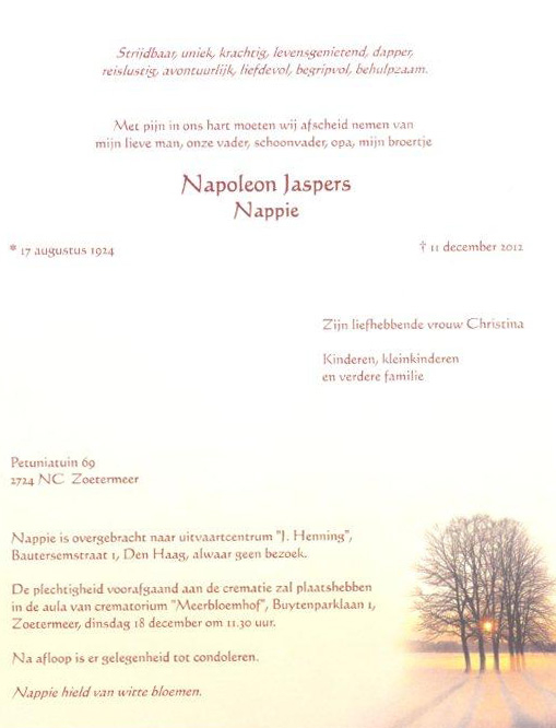 Rouwkaart Napoleon Jaspers