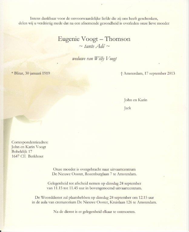 Rouwkaart Mevrouw E. Voogt-Thomson